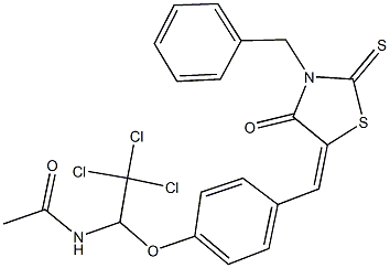 N-(1-{4-[(3-benzyl-4-oxo-2-thioxo-1,3-thiazolidin-5-ylidene)methyl]phenoxy}-2,2,2-trichloroethyl)acetamide Structure