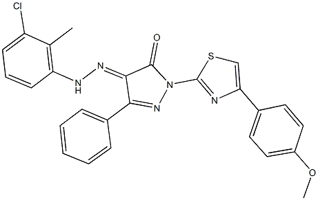 1-[4-(4-methoxyphenyl)-1,3-thiazol-2-yl]-3-phenyl-1H-pyrazole-4,5-dione 4-[(3-chloro-2-methylphenyl)hydrazone] 化学構造式