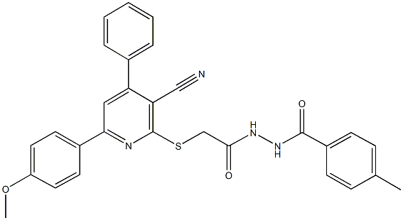 2-{[3-cyano-6-(4-methoxyphenyl)-4-phenyl-2-pyridinyl]sulfanyl}-N'-(4-methylbenzoyl)acetohydrazide Structure