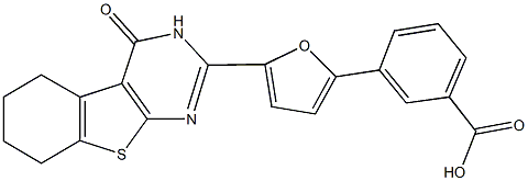 3-[5-(4-oxo-3,4,5,6,7,8-hexahydro[1]benzothieno[2,3-d]pyrimidin-2-yl)-2-furyl]benzoic acid 化学構造式