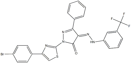 1-[4-(4-bromophenyl)-1,3-thiazol-2-yl]-3-phenyl-1H-pyrazole-4,5-dione 4-{[3-(trifluoromethyl)phenyl]hydrazone} Struktur