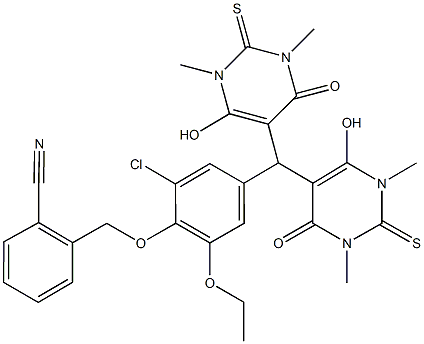 2-({4-[bis(6-hydroxy-1,3-dimethyl-4-oxo-2-thioxo-1,2,3,4-tetrahydro-5-pyrimidinyl)methyl]-2-chloro-6-ethoxyphenoxy}methyl)benzonitrile Struktur