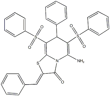 5-amino-2-benzylidene-7-phenyl-6,8-bis(phenylsulfonyl)-7H-[1,3]thiazolo[3,2-a]pyridin-3(2H)-one,,结构式