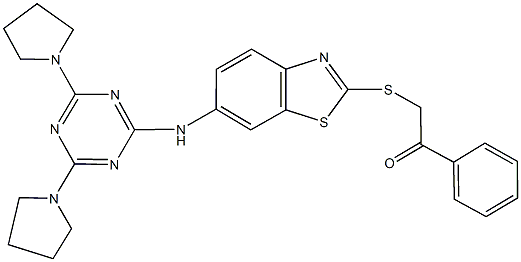 2-[(6-{[4,6-di(1-pyrrolidinyl)-1,3,5-triazin-2-yl]amino}-1,3-benzothiazol-2-yl)sulfanyl]-1-phenylethanone,,结构式