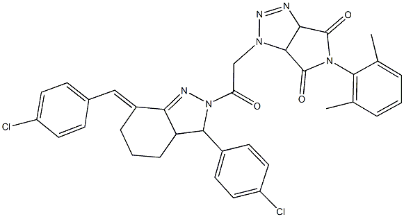 1-{2-[7-(4-chlorobenzylidene)-3-(4-chlorophenyl)-3,3a,4,5,6,7-hexahydro-2H-indazol-2-yl]-2-oxoethyl}-5-(2,6-dimethylphenyl)-3a,6a-dihydropyrrolo[3,4-d][1,2,3]triazole-4,6(1H,5H)-dione,,结构式