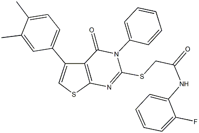 2-{[5-(3,4-dimethylphenyl)-4-oxo-3-phenyl-3,4-dihydrothieno[2,3-d]pyrimidin-2-yl]sulfanyl}-N-(2-fluorophenyl)acetamide,,结构式