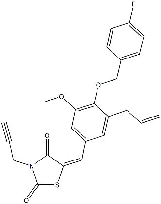 5-{3-allyl-4-[(4-fluorobenzyl)oxy]-5-methoxybenzylidene}-3-(2-propynyl)-1,3-thiazolidine-2,4-dione 化学構造式