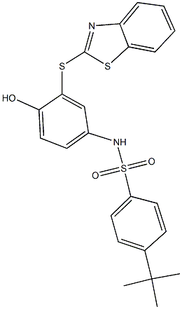 N-[3-(1,3-benzothiazol-2-ylsulfanyl)-4-hydroxyphenyl]-4-tert-butylbenzenesulfonamide 化学構造式