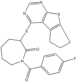 3-(6,7-dihydro-5H-cyclopenta[4,5]thieno[2,3-d]pyrimidin-4-ylsulfanyl)-1-(4-fluorobenzoyl)-2-azepanone 结构式