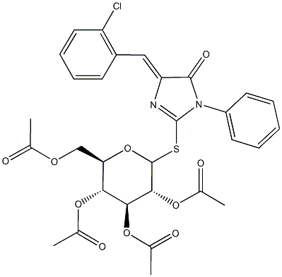 4-(2-chlorobenzylidene)-5-oxo-1-phenyl-4,5-dihydro-1H-imidazol-2-yl 2,3,4,6-tetra-O-acetyl-1-thiohexopyranoside 化学構造式