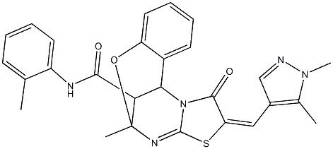(13E)-13-[(1,5-dimethyl-1H-pyrazol-4-yl)methylene]-9-methyl-N-(2-methylphenyl)-14-oxo-8-oxa-12-thia-10,15-diazatetracyclo[7.6.1.0~2,7~.0~11,15~]hexadeca-2,4,6,10-tetraene-16-carboxamide|