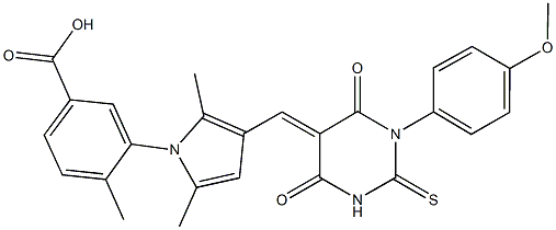 3-{3-[(1-(4-methoxyphenyl)-4,6-dioxo-2-thioxotetrahydro-5(2H)-pyrimidinylidene)methyl]-2,5-dimethyl-1H-pyrrol-1-yl}-4-methylbenzoic acid 化学構造式