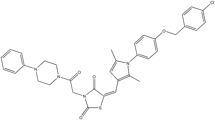 5-[(1-{4-[(4-chlorobenzyl)oxy]phenyl}-2,5-dimethyl-1H-pyrrol-3-yl)methylene]-3-[2-oxo-2-(4-phenyl-1-piperazinyl)ethyl]-1,3-thiazolidine-2,4-dione Structure