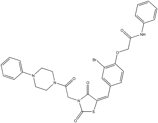 2-[2-bromo-4-({2,4-dioxo-3-[2-oxo-2-(4-phenyl-1-piperazinyl)ethyl]-1,3-thiazolidin-5-ylidene}methyl)phenoxy]-N-phenylacetamide Structure