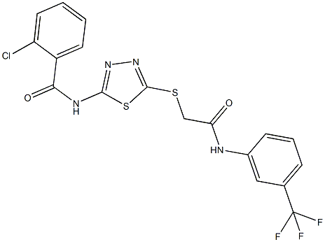 2-chloro-N-[5-({2-oxo-2-[3-(trifluoromethyl)anilino]ethyl}sulfanyl)-1,3,4-thiadiazol-2-yl]benzamide 化学構造式
