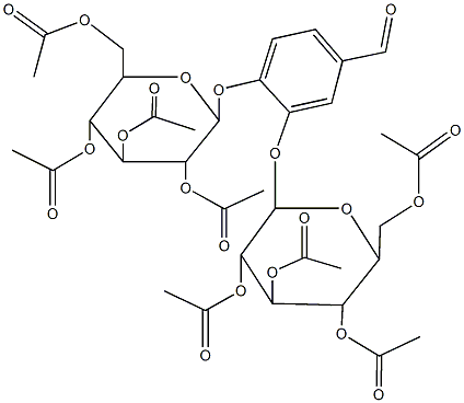 3,5-bis(acetyloxy)-2-[(acetyloxy)methyl]-6-[4-formyl-2-({3,4,5-tris(acetyloxy)-6-[(acetyloxy)methyl]tetrahydro-2H-pyran-2-yl}oxy)phenoxy]tetrahydro-2H-pyran-4-yl acetate 化学構造式