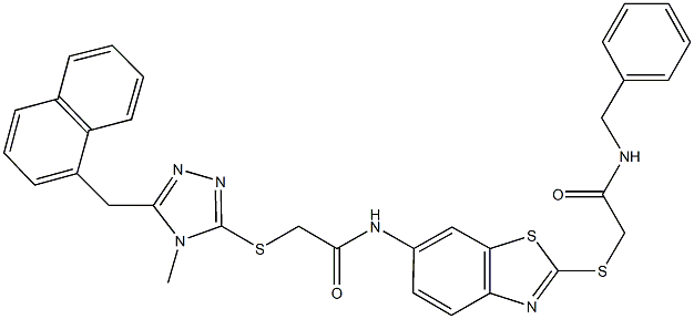 N-(2-{[2-(benzylamino)-2-oxoethyl]sulfanyl}-1,3-benzothiazol-6-yl)-2-{[4-methyl-5-(1-naphthylmethyl)-4H-1,2,4-triazol-3-yl]sulfanyl}acetamide Struktur