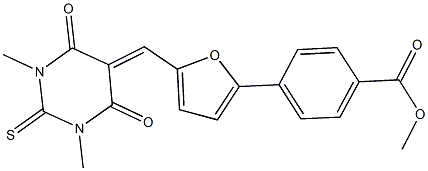 methyl 4-{5-[(1,3-dimethyl-4,6-dioxo-2-thioxotetrahydro-5(2H)-pyrimidinylidene)methyl]-2-furyl}benzoate 化学構造式