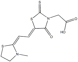 {5-[2-(3-methyl-1,3-thiazolidin-2-ylidene)ethylidene]-4-oxo-2-thioxo-1,3-thiazolidin-3-yl}acetic acid,,结构式