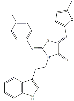 3-[2-(1H-indol-3-yl)ethyl]-2-[(4-methoxyphenyl)imino]-5-[(5-methyl-2-furyl)methylene]-1,3-thiazolidin-4-one Struktur