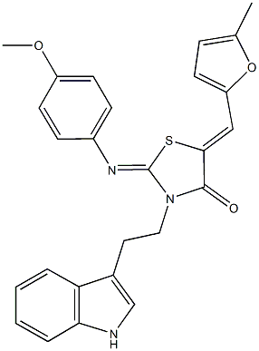 3-[2-(1H-indol-3-yl)ethyl]-2-[(4-methoxyphenyl)imino]-5-[(5-methyl-2-furyl)methylene]-1,3-thiazolidin-4-one 化学構造式