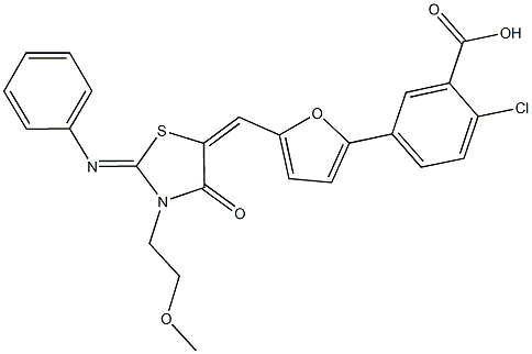 2-chloro-5-(5-{[3-(2-methoxyethyl)-4-oxo-2-(phenylimino)-1,3-thiazolidin-5-ylidene]methyl}-2-furyl)benzoic acid 结构式