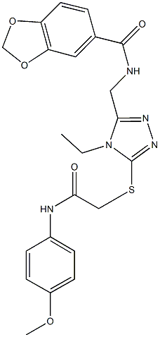 N-[(4-ethyl-5-{[2-(4-methoxyanilino)-2-oxoethyl]sulfanyl}-4H-1,2,4-triazol-3-yl)methyl]-1,3-benzodioxole-5-carboxamide 结构式