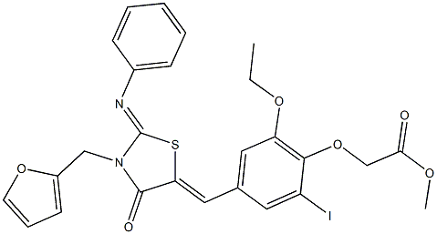 methyl (2-ethoxy-4-{[3-(2-furylmethyl)-4-oxo-2-(phenylimino)-1,3-thiazolidin-5-ylidene]methyl}-6-iodophenoxy)acetate,,结构式