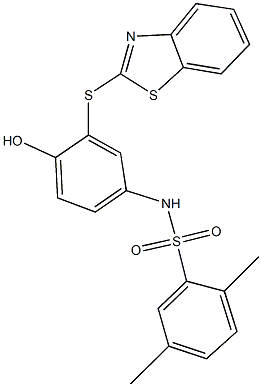 N-[3-(1,3-benzothiazol-2-ylsulfanyl)-4-hydroxyphenyl]-2,5-dimethylbenzenesulfonamide,,结构式