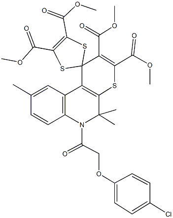 tetramethyl 6-[(4-chlorophenoxy)acetyl]-5,5,9-trimethyl-5,6-dihydrospiro(1H-thiopyrano[2,3-c]quinoline-1,2'-[1,3]-dithiole)-2,3,4',5'-tetracarboxylate 结构式