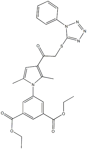 diethyl 5-(2,5-dimethyl-3-{[(1-phenyl-1H-tetraazol-5-yl)sulfanyl]acetyl}-1H-pyrrol-1-yl)isophthalate,,结构式