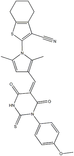 2-(3-{[1-(4-methoxyphenyl)-4,6-dioxo-2-thioxotetrahydro-5(2H)-pyrimidinylidene]methyl}-2,5-dimethyl-1H-pyrrol-1-yl)-4,5,6,7-tetrahydro-1-benzothiophene-3-carbonitrile Structure