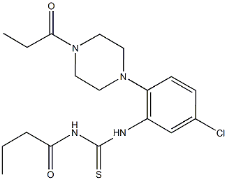 N-butyryl-N'-[5-chloro-2-(4-propionyl-1-piperazinyl)phenyl]thiourea 化学構造式