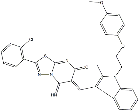 2-(2-chlorophenyl)-5-imino-6-({1-[2-(4-methoxyphenoxy)ethyl]-2-methyl-1H-indol-3-yl}methylene)-5,6-dihydro-7H-[1,3,4]thiadiazolo[3,2-a]pyrimidin-7-one,,结构式