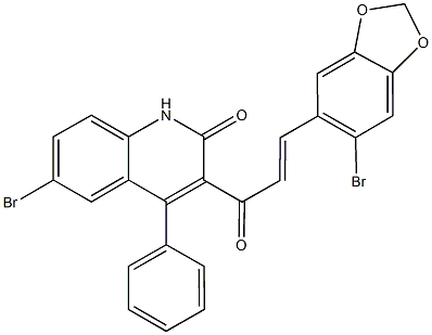 6-bromo-3-[3-(6-bromo-1,3-benzodioxol-5-yl)acryloyl]-4-phenyl-2(1H)-quinolinone,,结构式