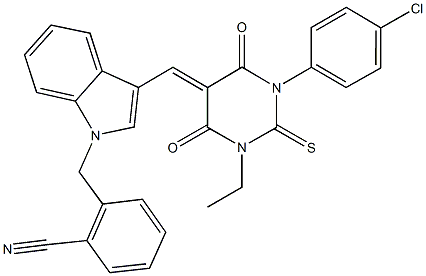2-({3-[(1-(4-chlorophenyl)-3-ethyl-4,6-dioxo-2-thioxotetrahydropyrimidin-5(2H)-ylidene)methyl]-1H-indol-1-yl}methyl)benzonitrile Structure