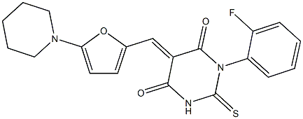 1-(2-fluorophenyl)-5-{[5-(1-piperidinyl)-2-furyl]methylene}-2-thioxodihydro-4,6(1H,5H)-pyrimidinedione Struktur