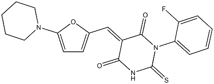 1-(2-fluorophenyl)-5-{[5-(1-piperidinyl)-2-furyl]methylene}-2-thioxodihydro-4,6(1H,5H)-pyrimidinedione 结构式