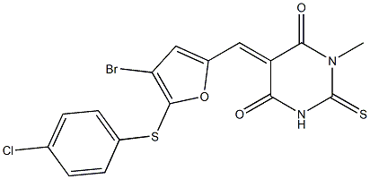 5-({4-bromo-5-[(4-chlorophenyl)sulfanyl]-2-furyl}methylene)-1-methyl-2-thioxodihydro-4,6(1H,5H)-pyrimidinedione Structure