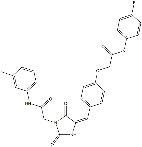 2-[4-({2,5-dioxo-1-[2-oxo-2-(3-toluidino)ethyl]-4-imidazolidinylidene}methyl)phenoxy]-N-(4-fluorophenyl)acetamide 化学構造式
