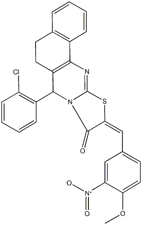 7-(2-chlorophenyl)-10-{3-nitro-4-methoxybenzylidene}-5,7-dihydro-6H-benzo[h][1,3]thiazolo[2,3-b]quinazolin-9(10H)-one Structure