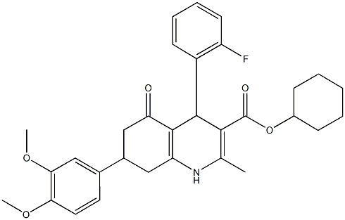cyclohexyl 7-(3,4-dimethoxyphenyl)-4-(2-fluorophenyl)-2-methyl-5-oxo-1,4,5,6,7,8-hexahydro-3-quinolinecarboxylate Struktur