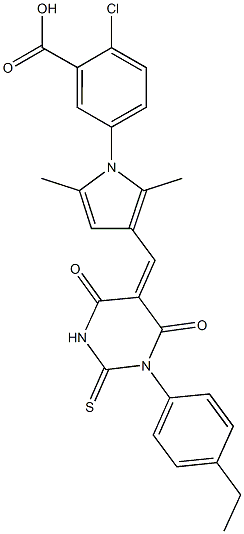 2-chloro-5-{3-[(1-(4-ethylphenyl)-4,6-dioxo-2-thioxotetrahydro-5(2H)-pyrimidinylidene)methyl]-2,5-dimethyl-1H-pyrrol-1-yl}benzoic acid Structure