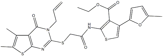 ethyl 2-({[(3-allyl-5,6-dimethyl-4-oxo-3,4-dihydrothieno[2,3-d]pyrimidin-2-yl)sulfanyl]acetyl}amino)-4-(5-methyl-2-furyl)-3-thiophenecarboxylate Structure