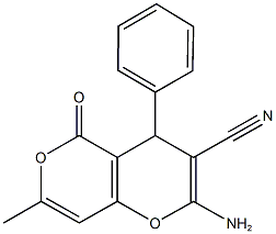 2-amino-7-methyl-5-oxo-4-phenyl-4H,5H-pyrano[4,3-b]pyran-3-carbonitrile Struktur