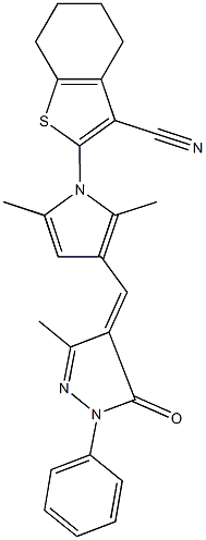 2-{2,5-dimethyl-3-[(3-methyl-5-oxo-1-phenyl-1,5-dihydro-4H-pyrazol-4-ylidene)methyl]-1H-pyrrol-1-yl}-4,5,6,7-tetrahydro-1-benzothiophene-3-carbonitrile 化学構造式