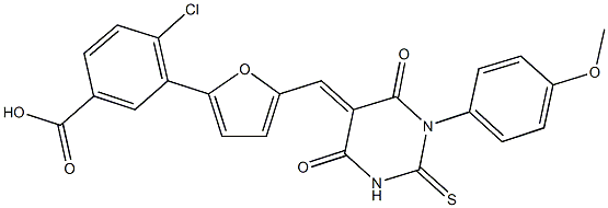 4-chloro-3-{5-[(1-(4-methoxyphenyl)-4,6-dioxo-2-thioxotetrahydro-5(2H)-pyrimidinylidene)methyl]-2-furyl}benzoic acid 化学構造式