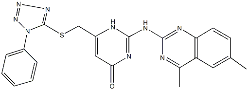2-[(4,6-dimethyl-2-quinazolinyl)amino]-6-{[(1-phenyl-1H-tetraazol-5-yl)thio]methyl}-4(1H)-pyrimidinone,,结构式