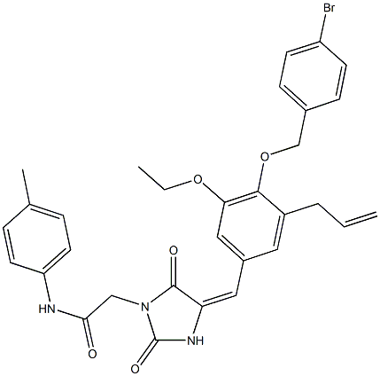 2-(4-{3-allyl-4-[(4-bromobenzyl)oxy]-5-ethoxybenzylidene}-2,5-dioxo-1-imidazolidinyl)-N-(4-methylphenyl)acetamide Struktur