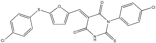 1-(4-chlorophenyl)-5-({5-[(4-chlorophenyl)sulfanyl]-2-furyl}methylene)-2-thioxodihydro-4,6(1H,5H)-pyrimidinedione 化学構造式
